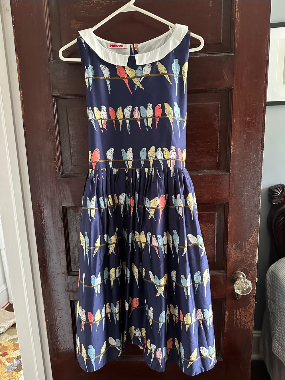 Poppy Budgies Navy Women’s Fit and Flare Dress with White Collar S